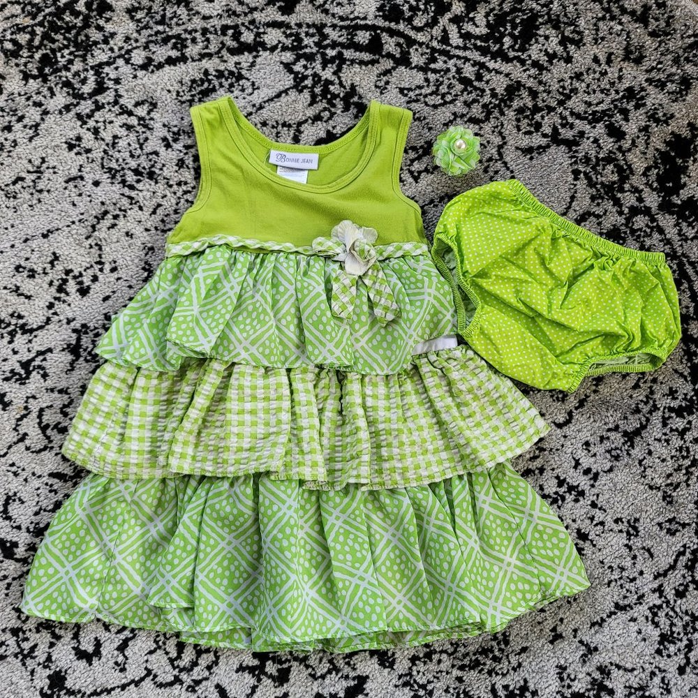 Green Ruffle Dress Panties Bow Diaper Cover Set Kids 4 4T